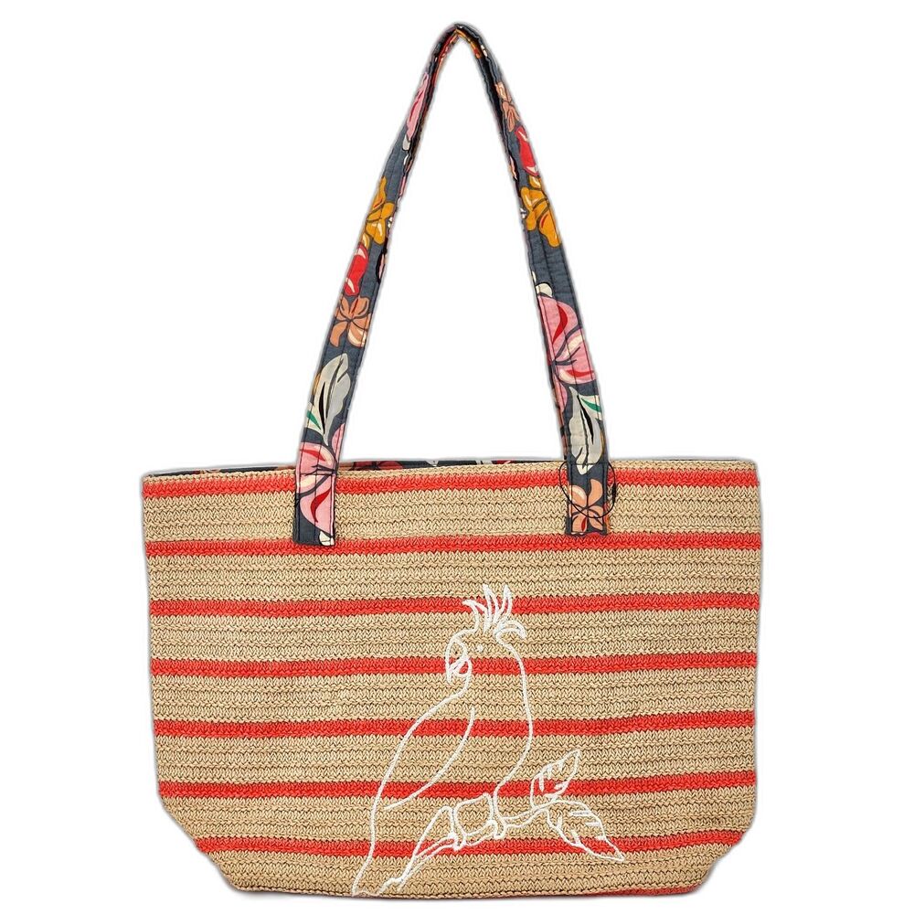 Vera Bradley Parrot Bird Coastal Paradise Straw Beach Tote Bag Stripe Red Floral